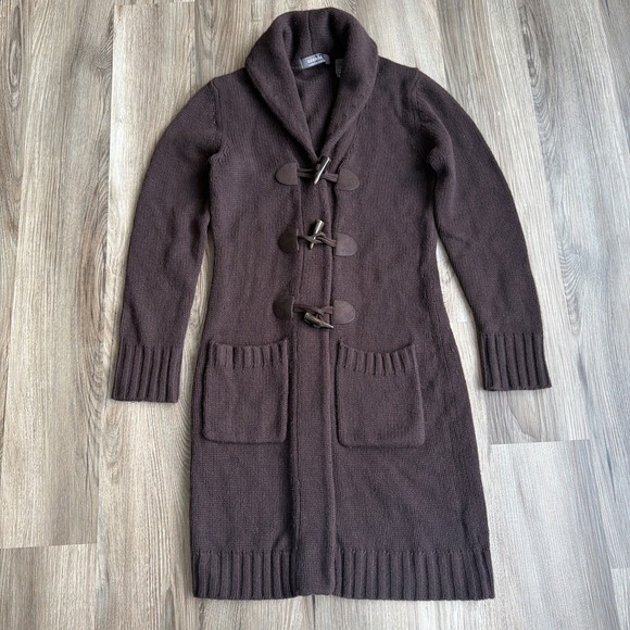 George Sweaters - Vintage Y2K 2 Pocket Toggle Knit‎ Long Cardigan Sweater Brown Cozy Modest XS